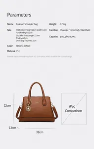 Detailed size chart showing dimensions and capacity of the large PU leather tote bag