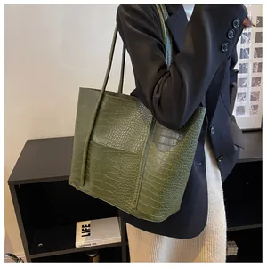 Detail of green crocodile texture tote bag showing premium PU leather and embossed pattern