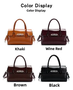Detailed color options of vintage leather handbags featuring woven handles and metal locks