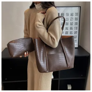Detail of dark brown crocodile pattern tote bag set with matching small zipper pouch