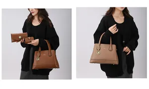 Brown lychee-grain leather tote bag set including wallet and flower charm detail