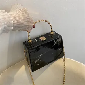 Fashionable black marble pattern box bag with gold bamboo handle and chain strap