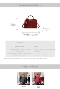 Detailed size specifications and color options for the red bow bucket handbag