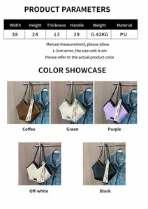 Detailed size specifications for the PU leather tote bag with dimensions and multiple colors