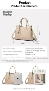 Detailed size chart of apricot crossbody bag showing dimensions 29x22x12cm with iPad comparison
