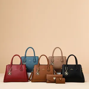 Women Large Capacity PU Leather Tote Handbag With Flower Charm Litchi Grain Shoulder Bag With Wallet And Card Holder