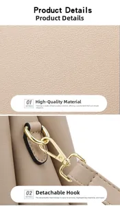 Macro details of beige handbag showing lychee leather texture and golden metal hooks