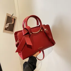 Women Bowknot PU Leather Handbag Structured Tote Bag Golden Metal Handle Elegant Crossbody Shoulder Bag For Wedding Party