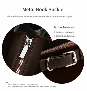 Detail of silver metal zipper and buckle on frosted coffee leather crossbody bag