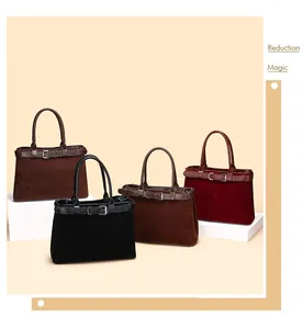 Detailed view of frosted leather tote bags with decorative belt buckles in four colors