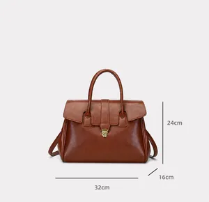 Detailed size parameters of large vintage brown leather tote bag with dimensions