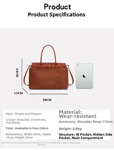 Detailed size specifications for large brown suede tote bag with dimensions and iPad reference