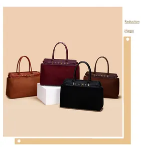 Detailed display of four vintage matte tote bags in brown, black, and wine red hues