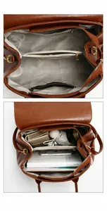 Internal display of brown leather tote bag with gray herringbone lining and compartments