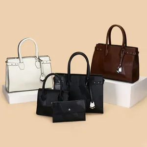 Three-piece patchwork tote bag set in brown and white leather for women business casual