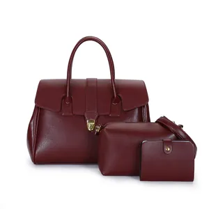 Three-piece large capacity vintage burgundy tote bag set with textured leather for women