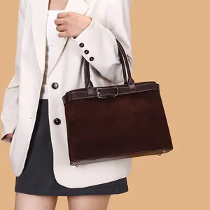 Large dark coffee frosted leather tote bag with stylish belt detail for office women