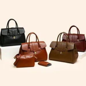 Large capacity vintage leather tote bags in four colors with matching accessories