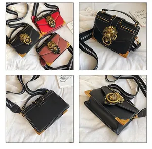 Detail of retro leather handbags with lion head buckles and studded accents in three colors