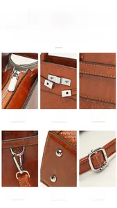 Detail view of brown vintage textured bag featuring metal hardware and precision stitching