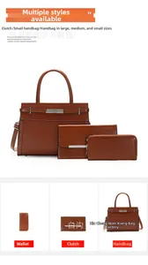 Detailed set of brown embossed tote bag, clutch and long wallet with silver lock