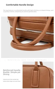 Detail of reinforced handles and industrial gun color hardware on brown leather bag