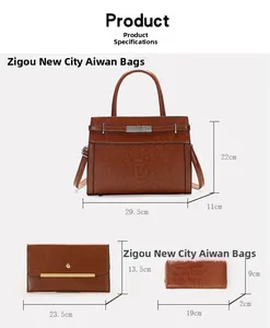 Detailed size parameters of 3-piece brown textured tote, envelope bag and wallet set