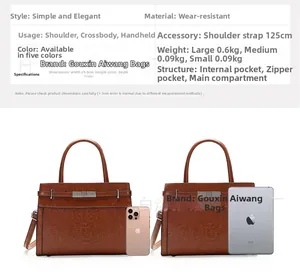 Detailed size chart for brown embossed handbag showing dimensions with iPad for scale