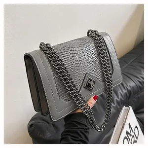 Vue détaillée du sac bandoulière gris effet serpent avec bandoulière en chaîne métal