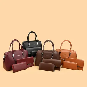 Large Litchi Texture PU Leather Tote Bag With Clutch And Long Wallet Women Vintage Shoulder Bag With Silver Metal Chain