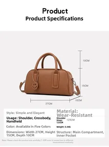 Detailed dimensions of brown pebble leather Boston bag showing 27cm width and strap length