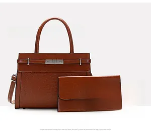 Three-piece brown composite leather handbag set with crocodile pattern texture
