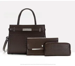 Three-piece women bag set in coffee brown faux crocodile leather with metal buckle detail