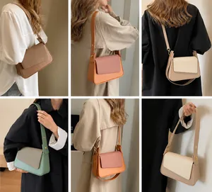 Detail shots of envelope shoulder bags in various colors with adjustable straps on a model