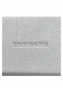 Close-up of white litchi pattern leather detail with BALADO & BAG metal logo stamp