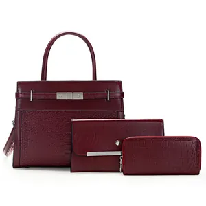 3-piece set of burgundy crocodile pattern tote bag, envelope clutch and long wallet