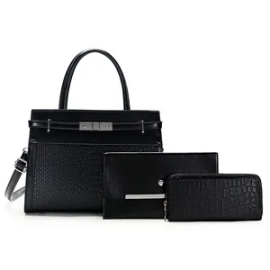Three-piece black leather tote bag set with crocodile pattern and silver metal hardware