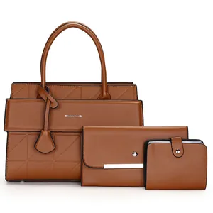 Three-piece brown PU leather handbag set featuring a large tote with stitching detail