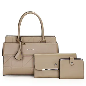 Detailed set of khaki pebble grain leather tote bag, envelope clutch and small wallet
