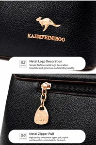 Dettagli del logo a canguro dorato e zip a cuore su borsa in pelle nera martellata