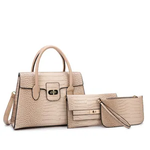 Conjunto de 3 bolsos beige con patrón de cocodrilo y hebilla metálica para mujer