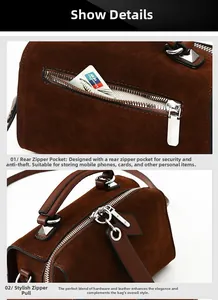 Detail der dunkelbraunen Wildleder-Boston-Tasche mit Diebstahlschutz-Reißverschluss hinten
