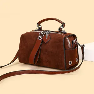 Vintage Mattierte PU Leder Boston Tasche Für Damen Großes Fassungsvermögen Wildleder Textur Handtasche Retro Schultertasche