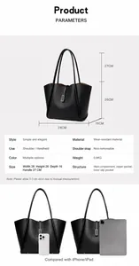 Detailed size chart for large PU leather bucket tote bag with precise measurements