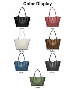 Detailed color display of minimalist tote bags featuring pebbled leather and metal buckles