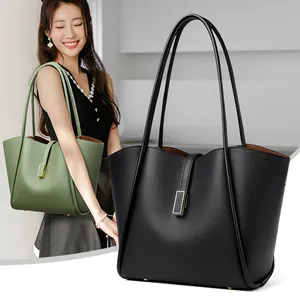 Minimalist large capacity faux leather tote bag for women in black and green colors