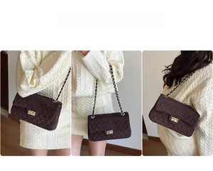 Three-way view of a brown velvet quilted crossbody bag with gold chain and metal clasp