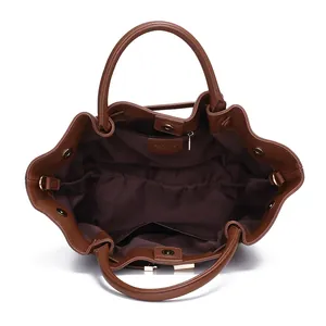 Deep brown lychee pattern leather tote bag with large capacity and multi-pocket interior