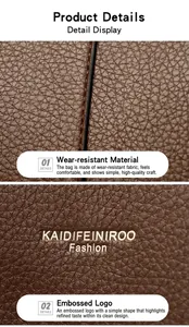 Detalle de cuero marrón con grano de litchi, logotipo dorado en relieve y costuras