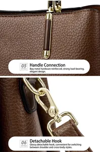 Detalle de los herrajes dorados y la textura de cuero litchi marrón en el bolso de mano